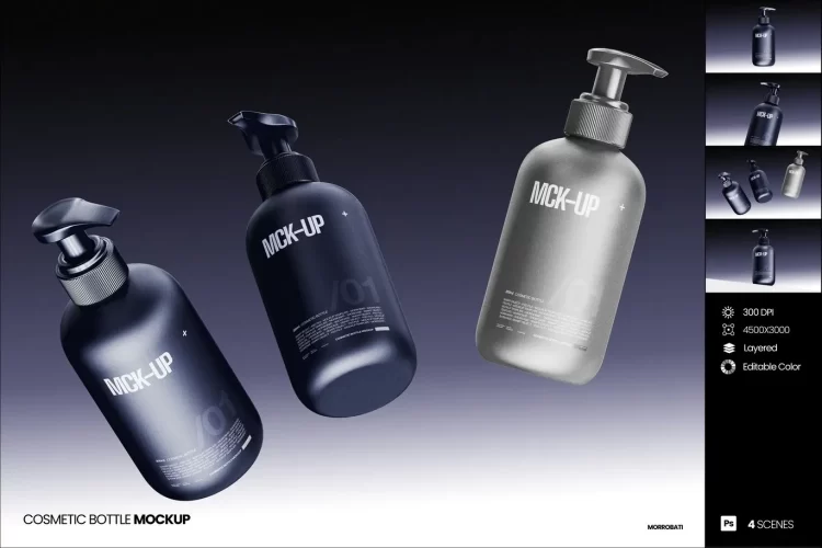 4款洗发水沐浴露身体乳按压泵瓶分装瓶包装设计展示效果图ps样机 Cosmetic Bottle Mockup
