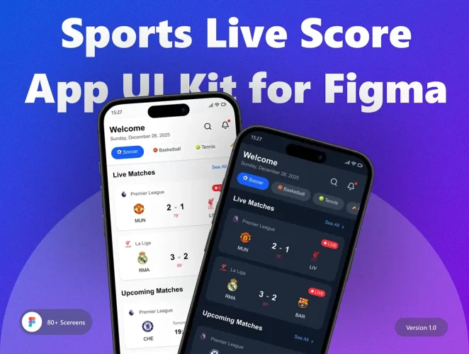 80屏足球竞技赛事比赛对阵信息实况比分应用app设计用户界面ui套件模板 MatchDay – Sports Live Score & Streaming Mobile App UI Kit
