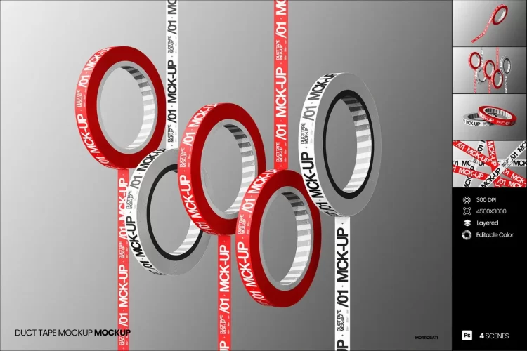 4款logo印字打包胶带贴纸胶布办公文具设计展示效果图ps样机素材 Duct Tape Mockup