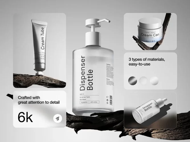 16款自然护肤面霜乳液滴管泵瓶化妆品包装设计展示效果图ps样机 Cosmetic Mockups
