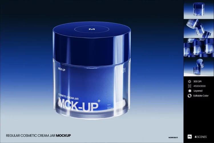 4款半透明护肤化妆品面霜眼霜发蜡产品包装设计展示效果图ps样机 Regular Cosmetic Cream Jar Mockup