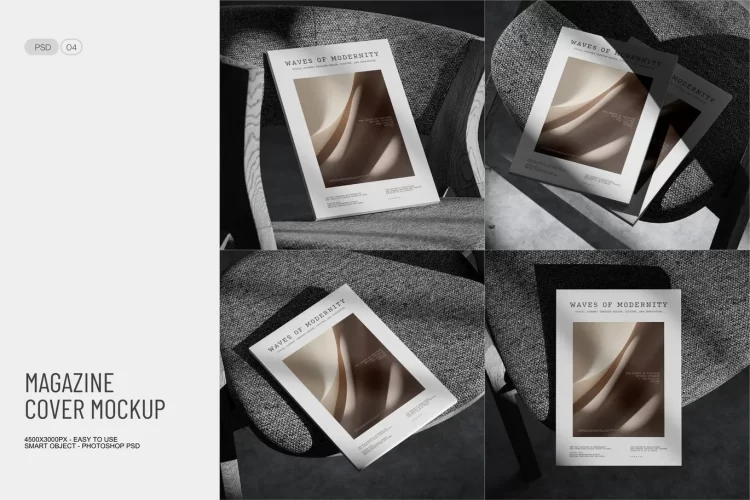 4款A4杂志封面模型展示设计贴图ps样机素材模板 A4 Magazine Cover Mockup with Shadow Overlay