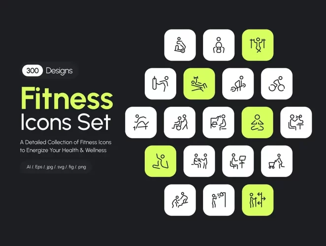 300款运动健身减肥瘦身养生锻炼健康生活极简线性icon图标素材 Fitness Icons