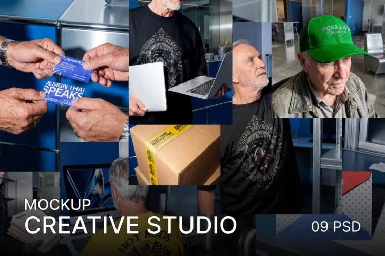 9款设计工作室T恤鸭舌帽名片信封文具纸箱胶带ps样机展示效果图 Creative Studio Mockup Vol. 2