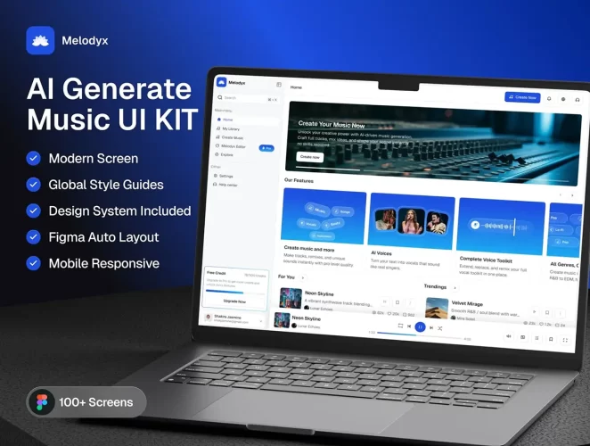 100屏AI人工智能音乐生成器SaaS网页后台UI界面设计UI模板源文件 Melodyx – AI Generate Music Website UI Kit