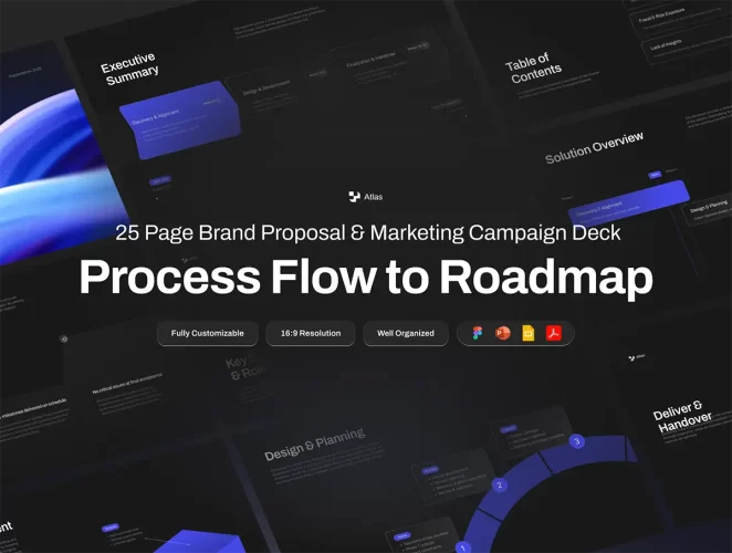 25页蓝色商业计划书市场营销活动方案流程图表提案培训ppt模板 Pitch Deck Brand Proposal and Marketing Campaign – Atlas