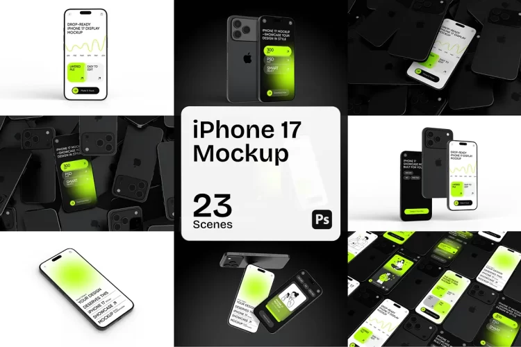 23款工业风iPhone17手机App应用UI设计作品展示效果图ps样机合集 iPhone 17 Mockup