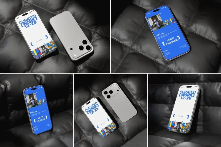 Phone17手机App应用UI界面设计真皮沙发居家场景展示效果图ps样机 Iphone 17 Mockup