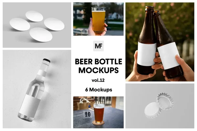 6款玻璃杯子啤酒瓶盖杯垫模型品牌展示设计贴图ps样机素材模板 Bottle Mockups – Packaging Mockups vol.12