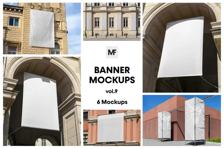 6款户外城市墙面横幅海报广告展示设计贴图ps样机素材模板 Commercial Banner Mockups vol.9