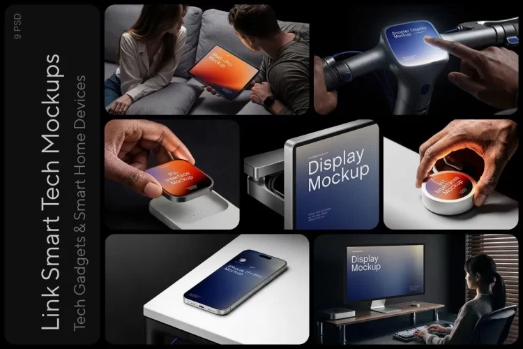 9款高端数码智能科技产品屏幕ui界面设计作品展示效果图ps样机 Smart Tech Device Mockups / Link Series