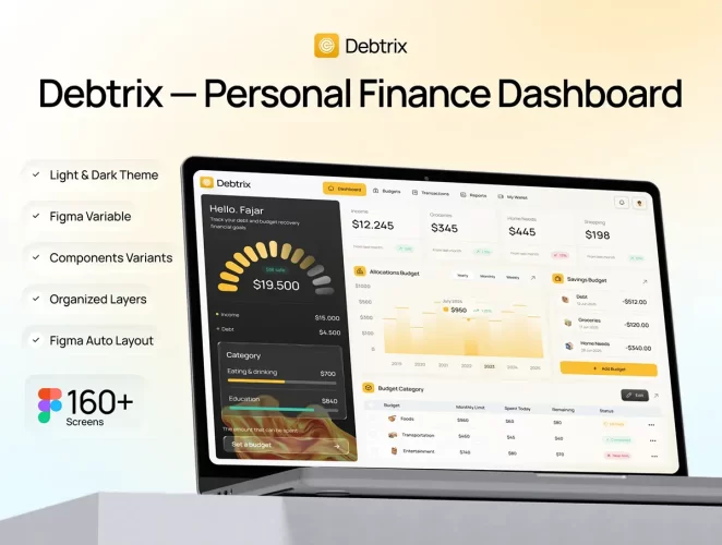 160+屏响应式用户转化数据报表图表SaaS后台管理网页界面设计ui套件 Debtrix — Personal Finance Dashboard UI Kit