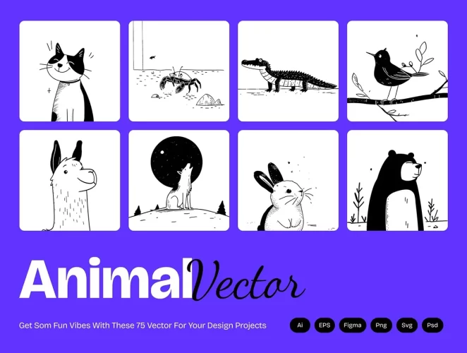 75款趣味卡通单色线描手绘野生动物宠物插图插画ai矢量设计素材 Animal Vector Art Bundle