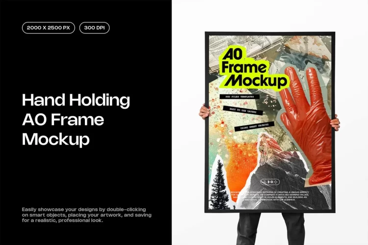 手持A0画框相框边框模型海报广告展示设计贴图ps样机素材模板 Hand Holding A0 Frame Mockup