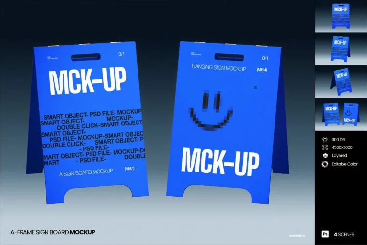 4款A型展架招牌广告牌模型展示设计贴图ps样机素材模板 A-Frame Sign Board Mockup