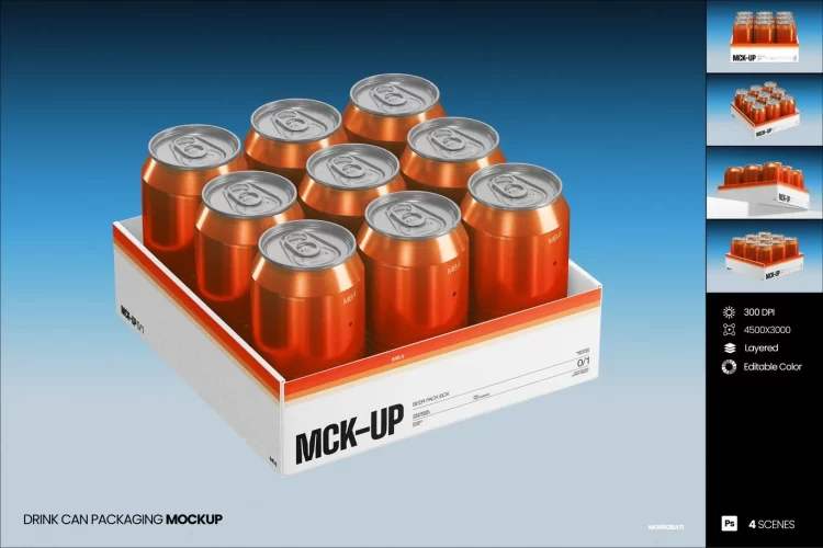 4款饮料易拉罐阵列箱装模型展示品牌包装设计贴图ps样机素材模板 Drink Can Packaging Mockup