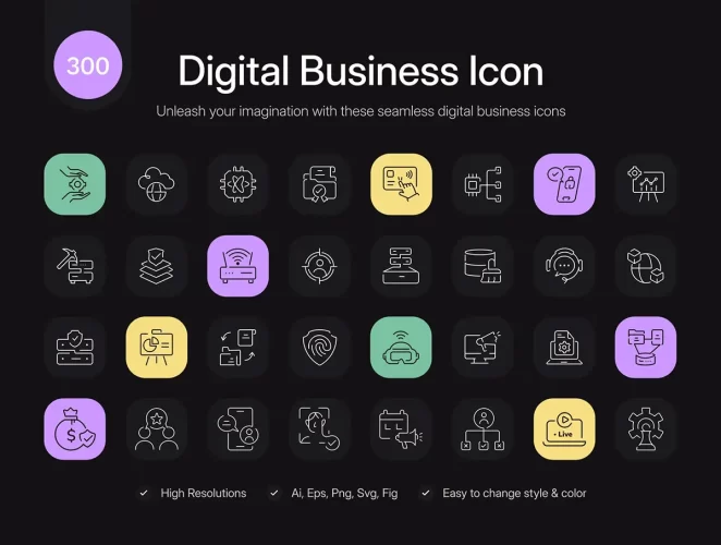 300款现代简约数字商业金融支付科技后台仪表盘线性icon图表素材 Digital Business Icons