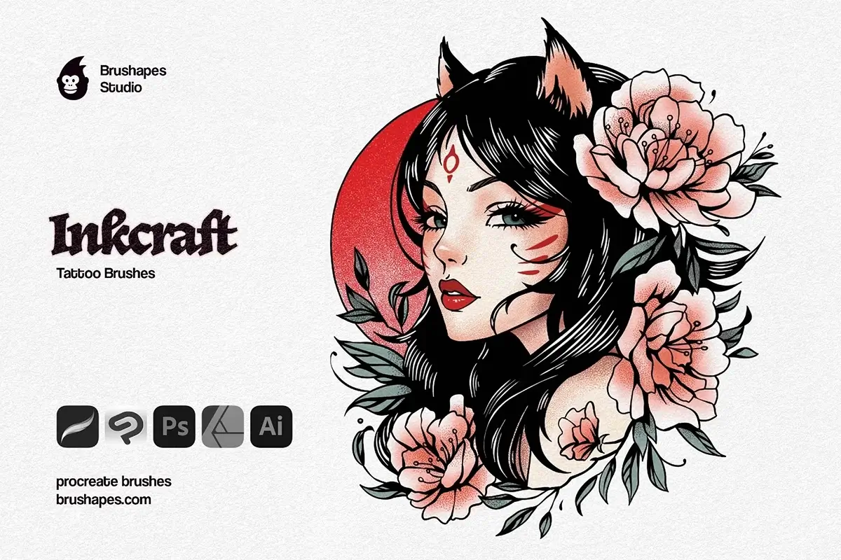 12款经典复古手工艺术纹身刺青肌理手绘插图插画Procreate笔刷 Tattoo Art Procreate Brushes