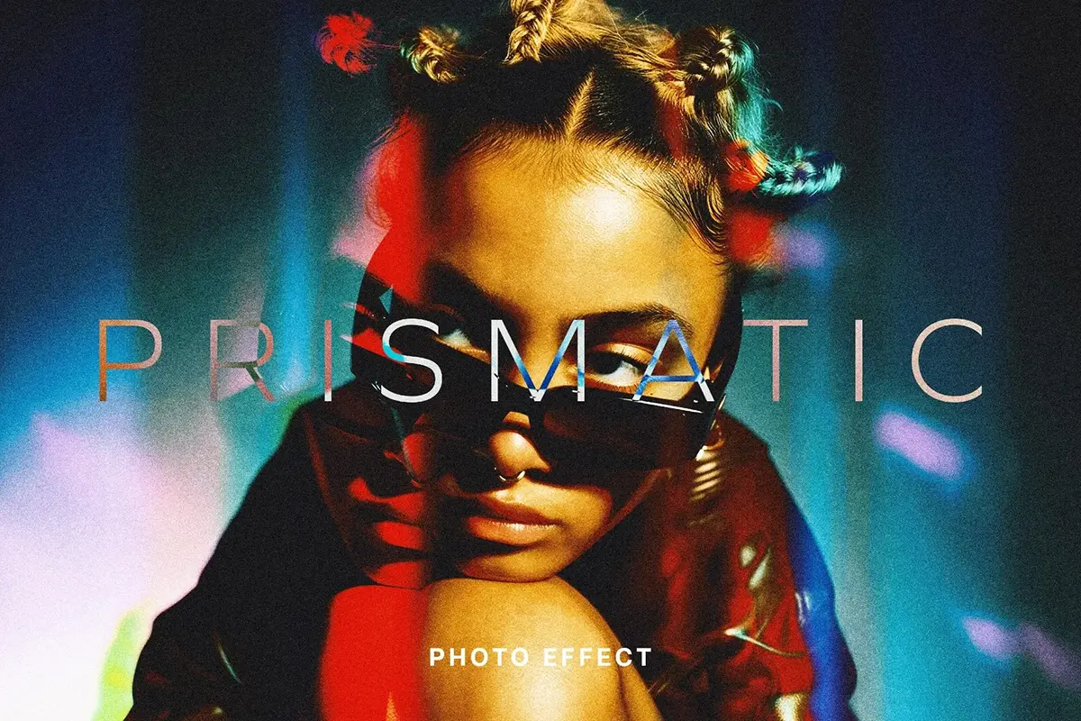 潮流时尚故障风错位叠印重影光线折射棱镜艺术人像后期ps特效样机 Glitch Prismatic Photo Effect