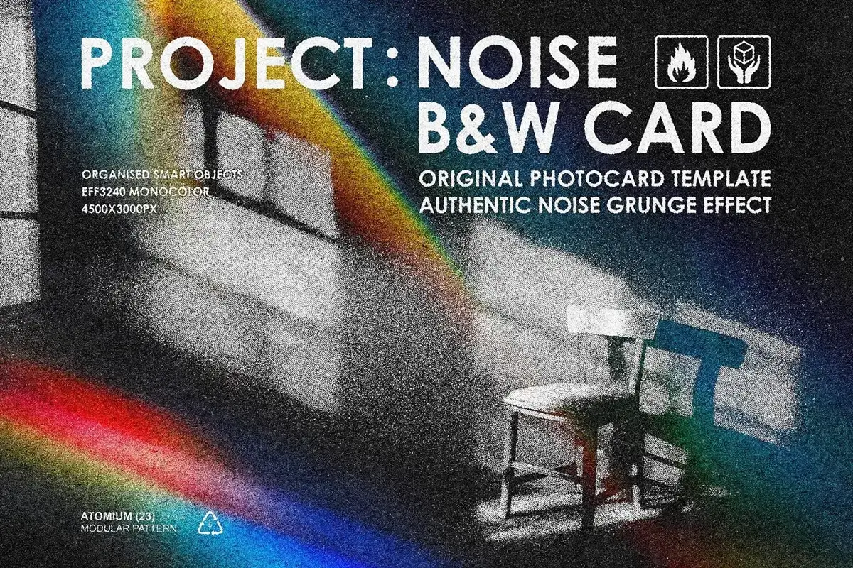 梦幻复古粗糙光晕做旧黑白噪点光谱光束艺术人像后期ps特效样机 B&W Noise Photo Card Effect