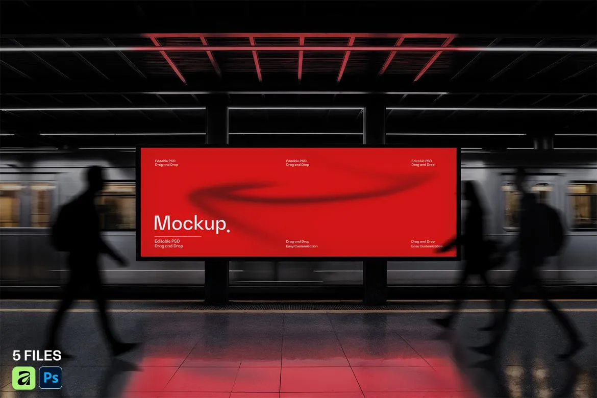 5款工业风地铁车站横幅灯箱广告牌车厢海报设计展示效果图ps样机 Subway Station Billboard Mockup