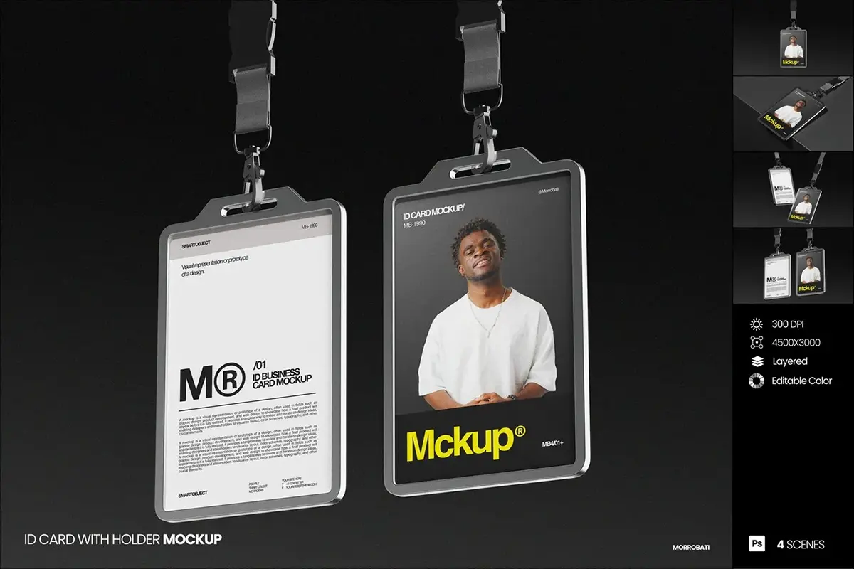 4款工业风ID工作证胸牌入场通行证门禁卡设计展示效果图ps样机 ID Card With Holder Mockup
