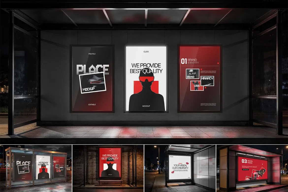 5款公交车站候车厅灯箱广告牌海报设计作品展示效果图ps样机素材 Bus Stop Advertising Billboard Mockup