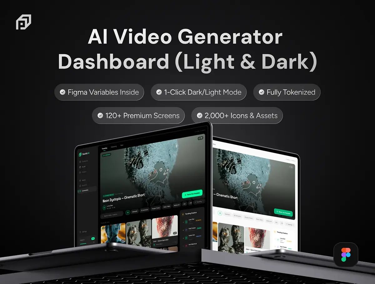 120屏双配色AI视频生成工具SaaS后台仪表盘UI界面设计组件库模板 DuoVid – AI Video Generator Dashboard (Light & Dark)