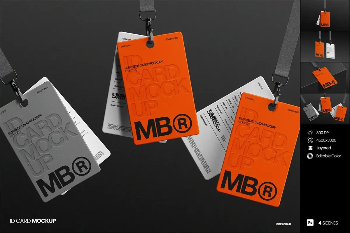 4款工业风ID工作证胸牌入场通行证门禁卡设计展示效果图ps样机 ID Card Mockup