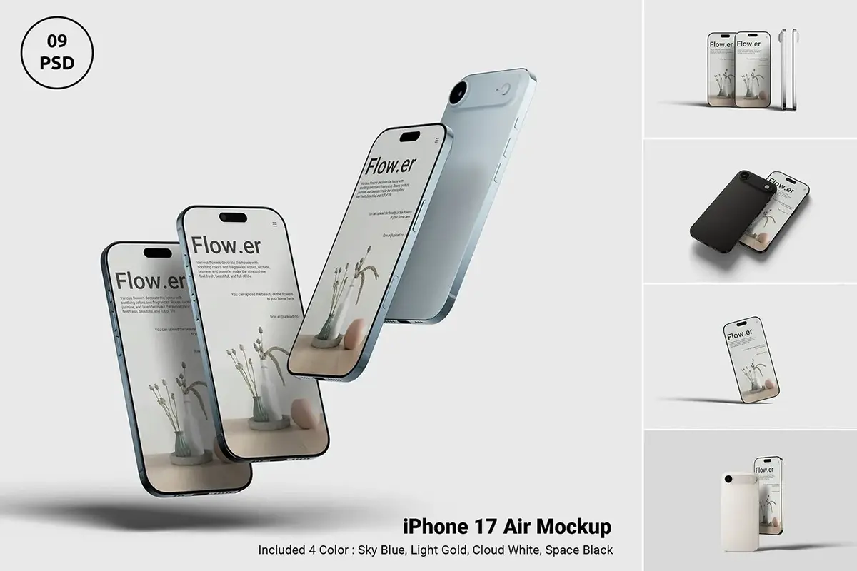 9款高品质苹果17 Air手机模型展示设计贴图ps样机素材模板 High Quality Phone 17 Air Mockup