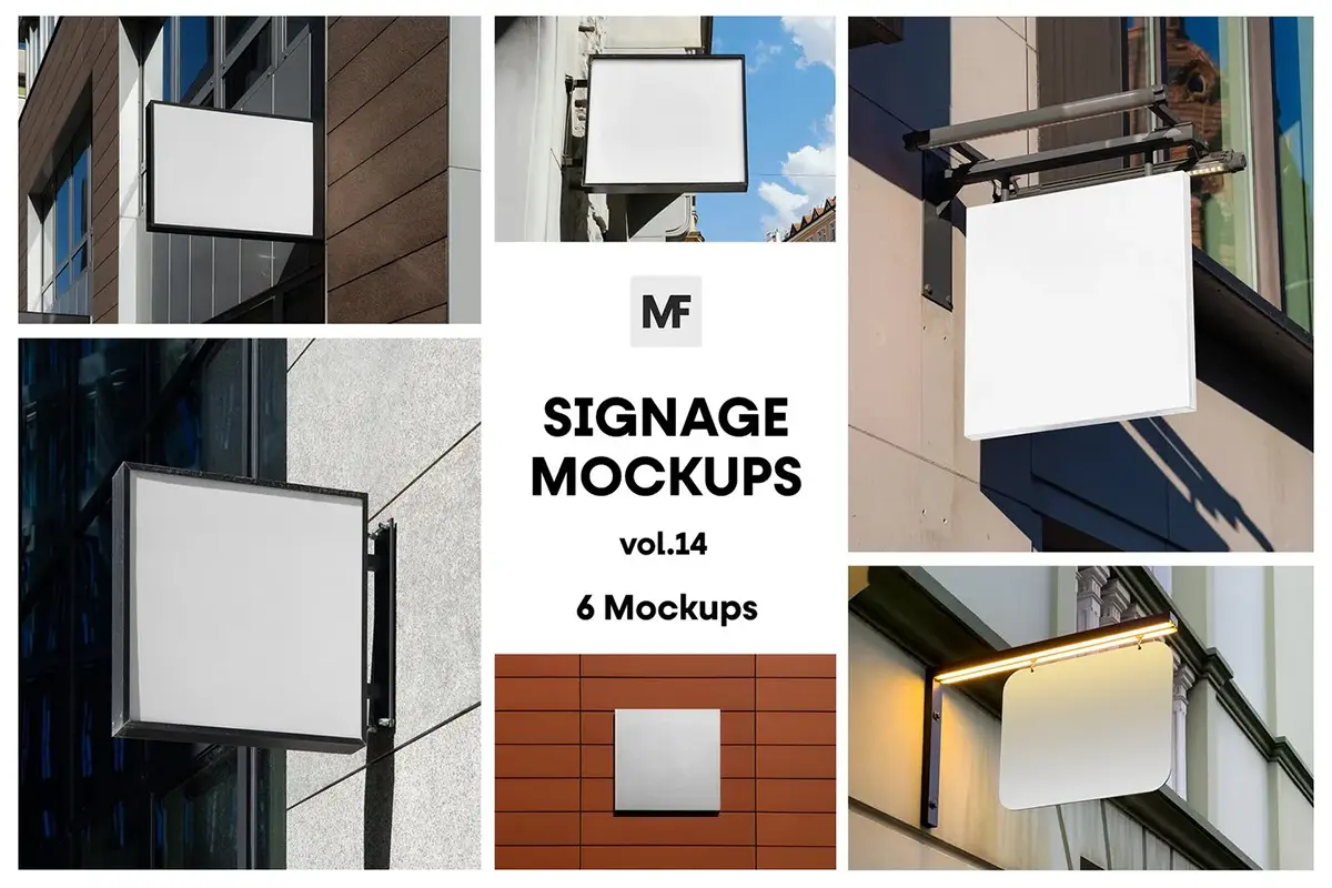 6款户外商店铺墙面招牌广告导视牌标牌模型展示设计贴图ps样机模板 Signage Mockups vol.14 – Advertising