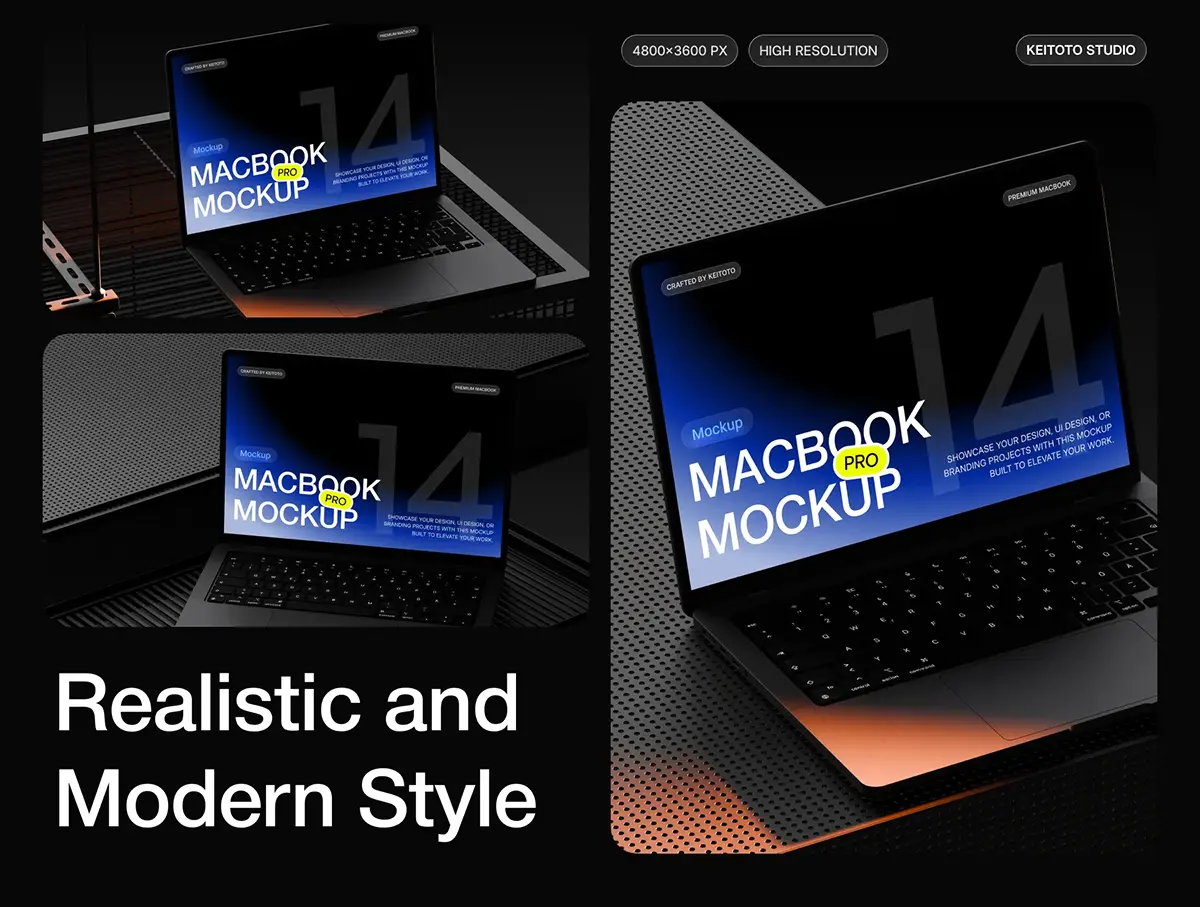 5款金属工业风Macbook苹果笔记本电脑UI设计作品展示效果图ps样机 MacBook Pro Industrial Stage Mockup Set