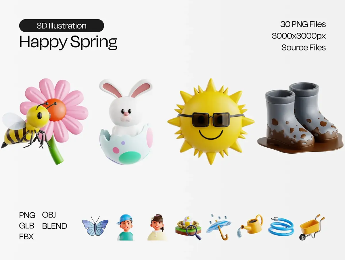 30款3D趣味卡通春季自然园艺植物插图插画icon图标png免抠图片 Happy Spring 3D Icon Set