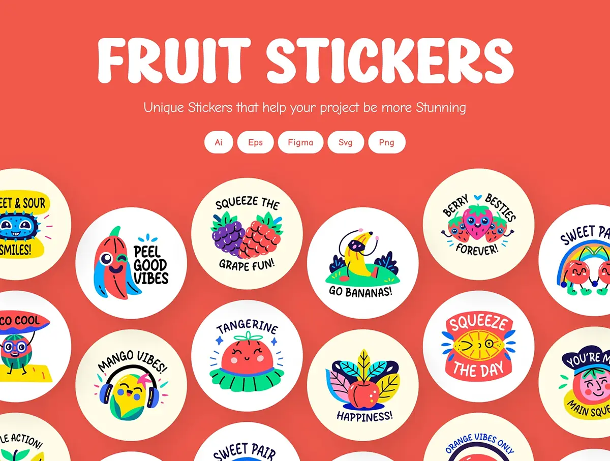 时尚创意扁平化趣味美式卡通手绘酷炫水果贴纸插图插画ai矢量设计素材 Cool Fruit Stickers Collection