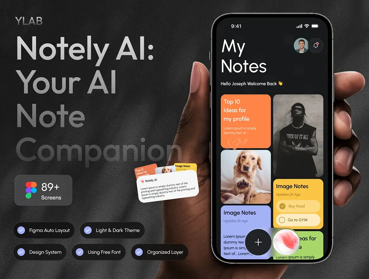 100屏双配色AI智能笔记写作效率工具APP移动端UI界面设计源文件 Notely AI Note Taking & Productivity Mobile App UI Kit