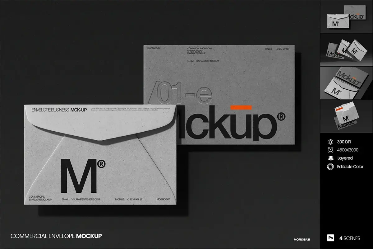 复古牛皮纸请柬邀请函请帖信封文具VI设计展示效果图ps样机素材 Commercial Envelope Mockup