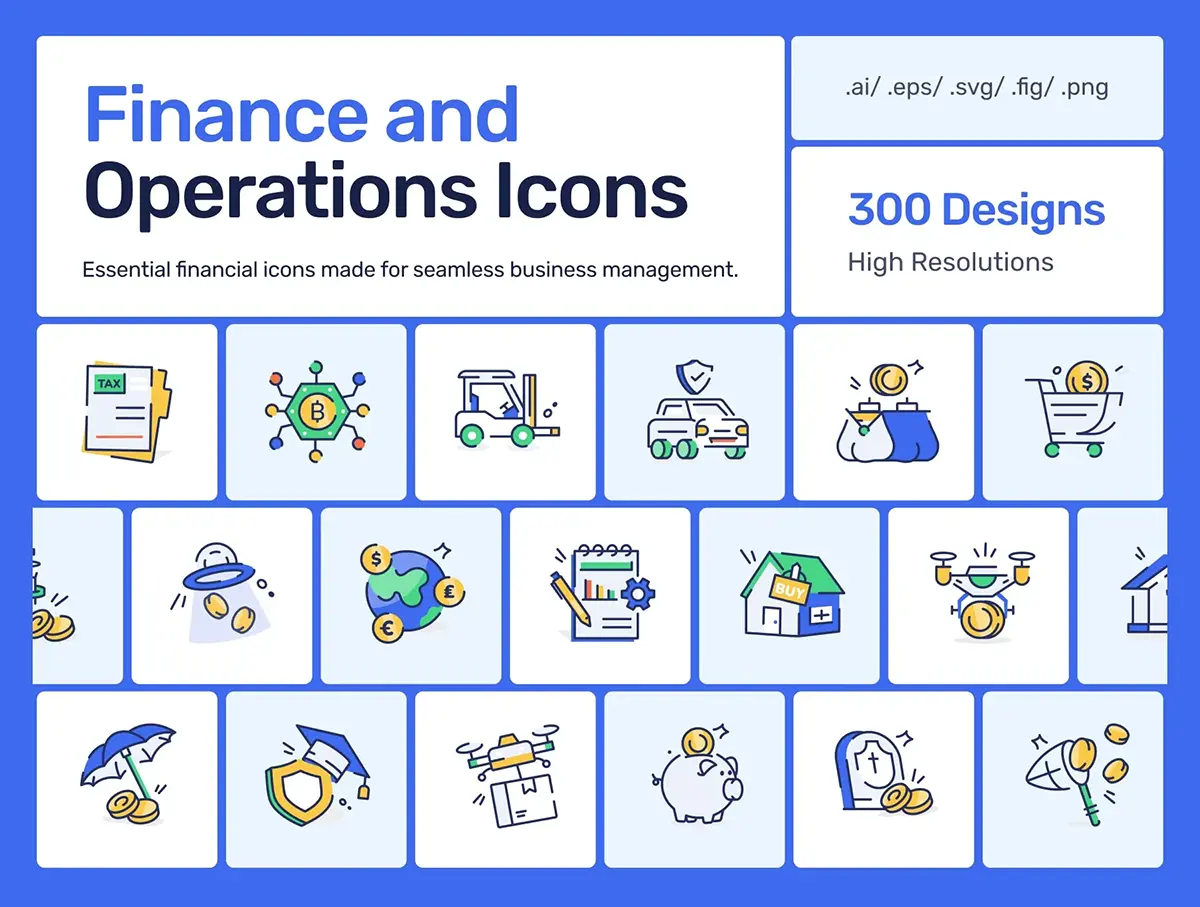 300款商业金融财务运营投资理财交易财报ai手绘icon图标素材合集 Finance and Operations Icons Bundle