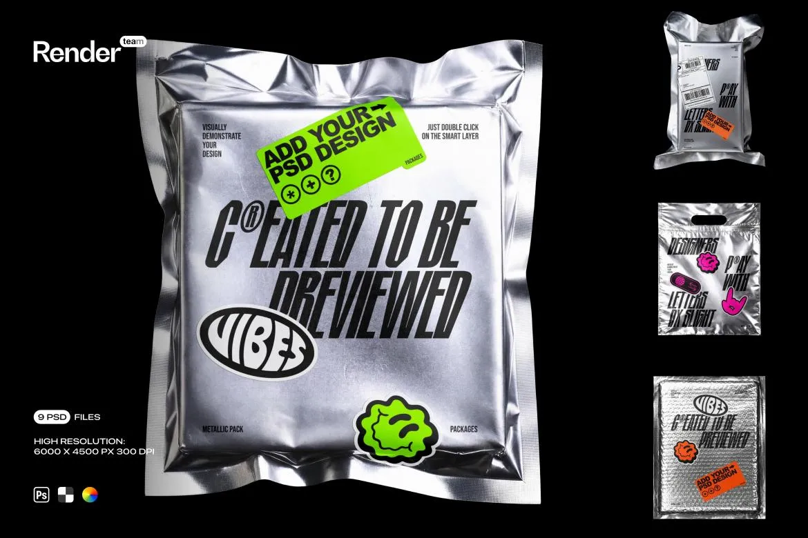 9款潮流金属铝箔气泡防震塑封塑料袋包装设计展示效果图ps样机 Metallic Foil Bag Mockup Set