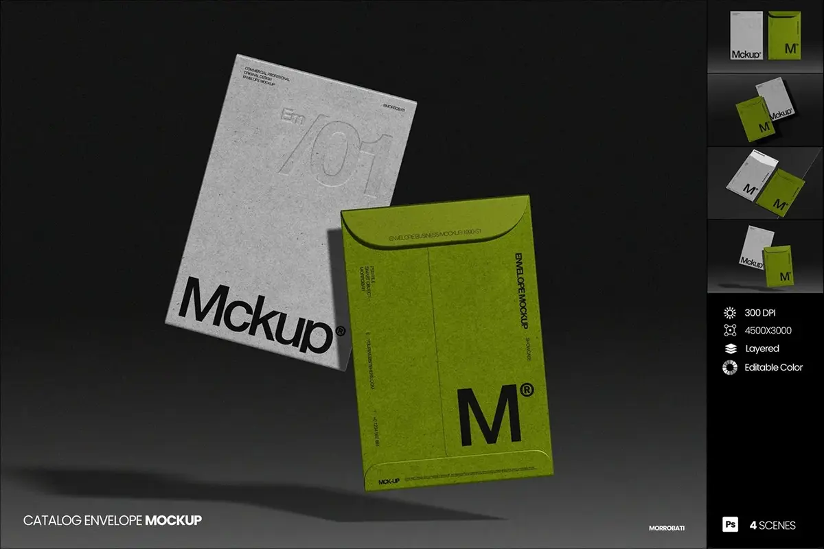 复古牛皮纸A4竖版资料档案文件袋信封VI设计展示效果图ps样机素材 Catalog Envelope Mockup