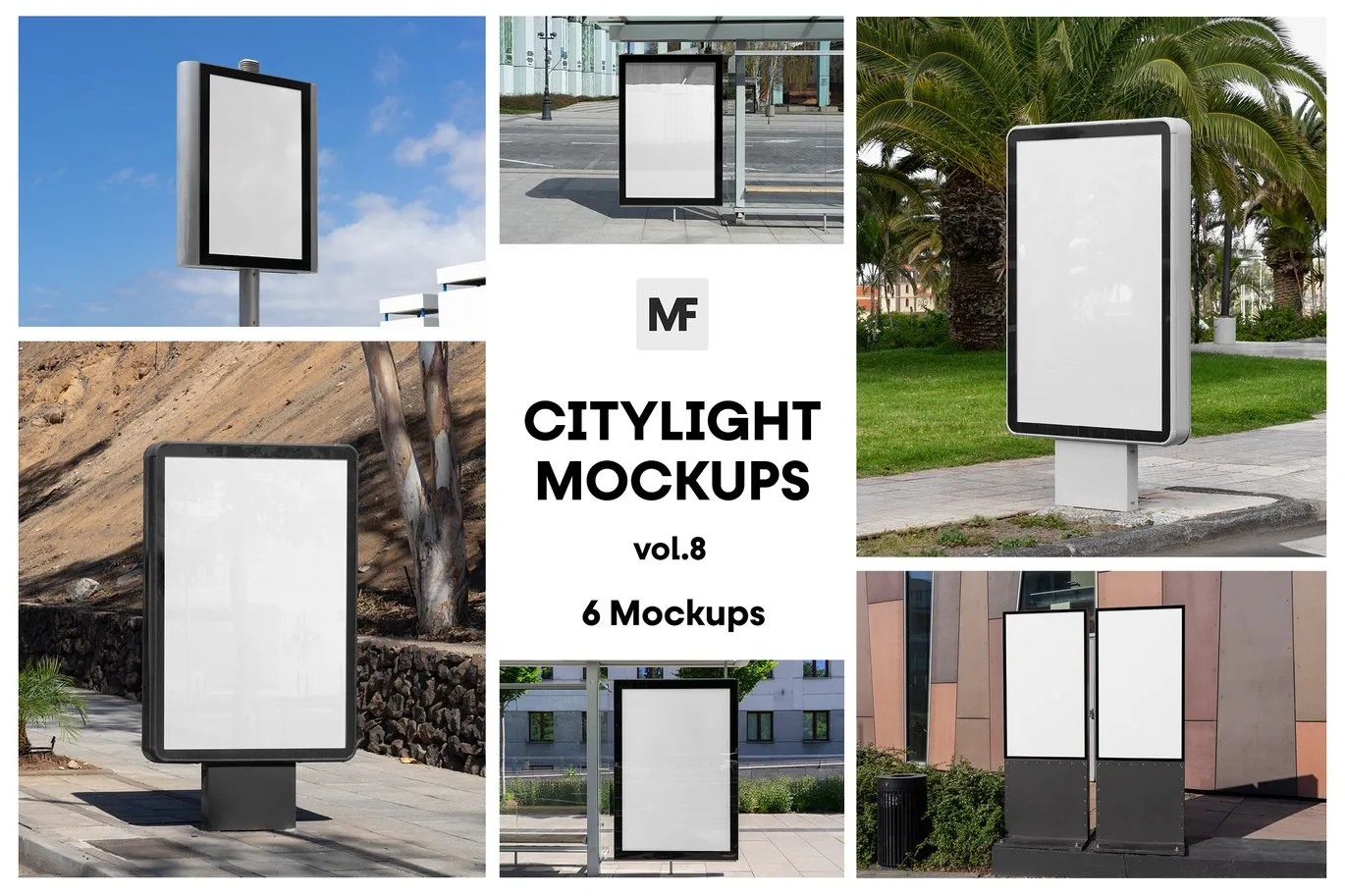 6款城市户电子灯箱海报广告牌框架模型展示设计贴图ps样机模板 Citylight Advertising Mockups vol.8