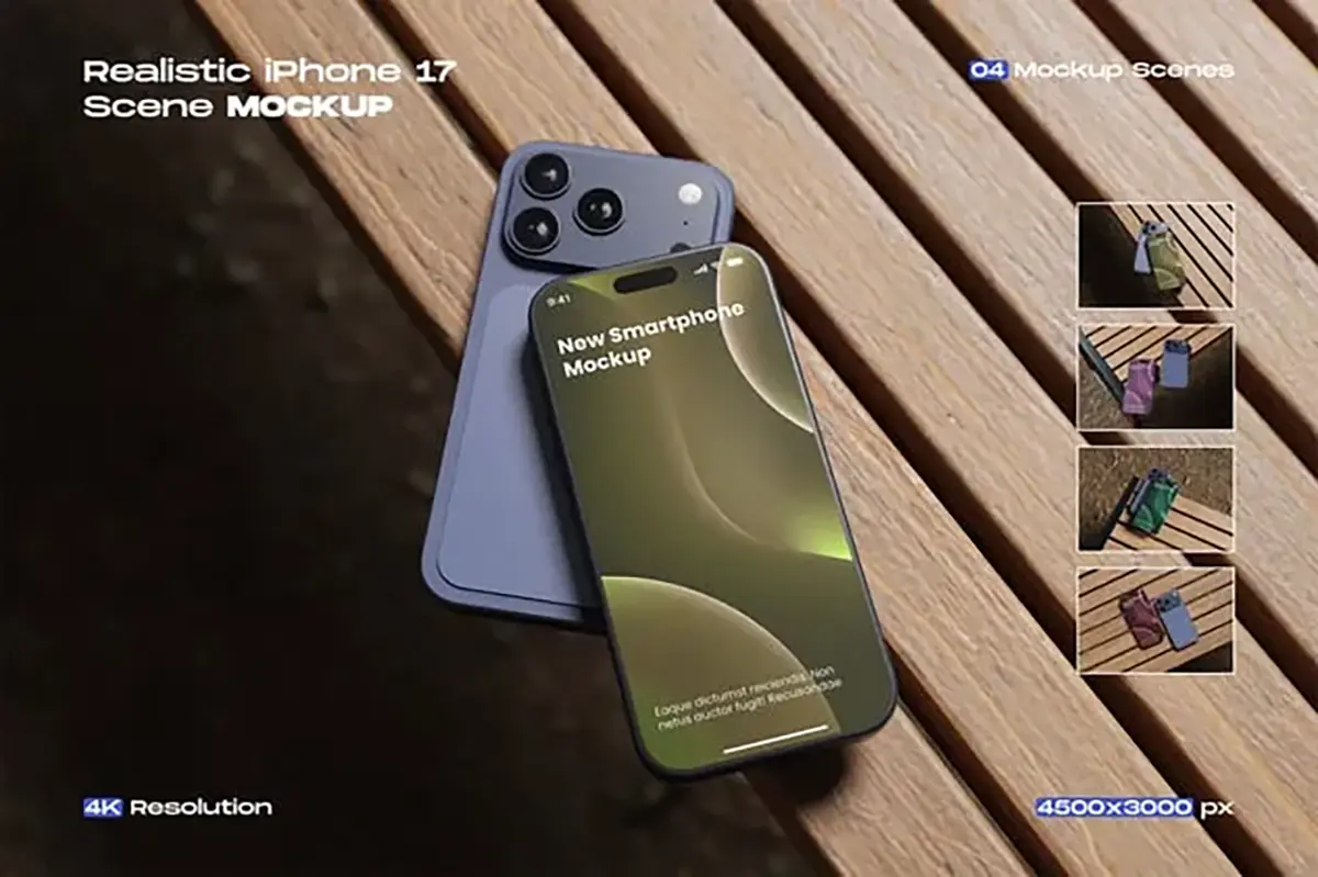 4款逼真的苹果17手机模型屏幕展示设计贴图ps样机模板 iPhone 17 Mockup — Realistic High Quality Scenes