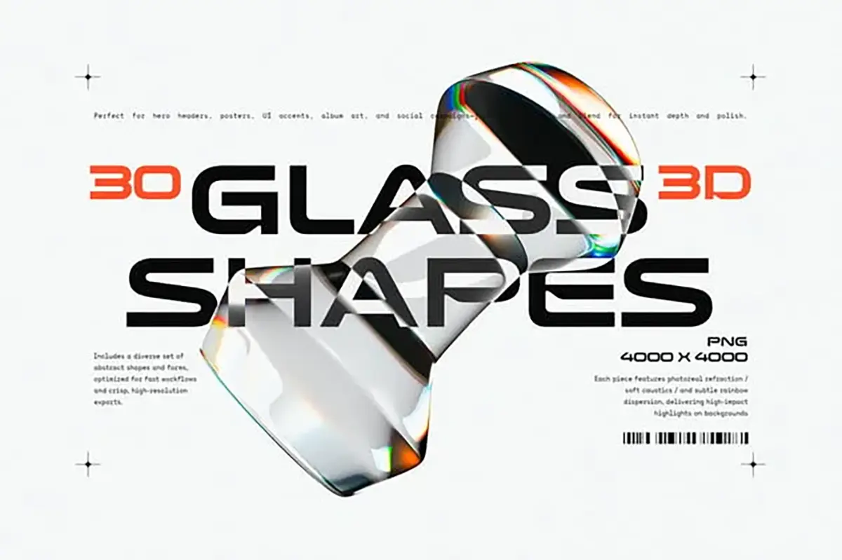 30种弧形环形抽象液态透明玻璃3D几何图形元素插图插画设计素材 Liquid Glass 3D Shapes