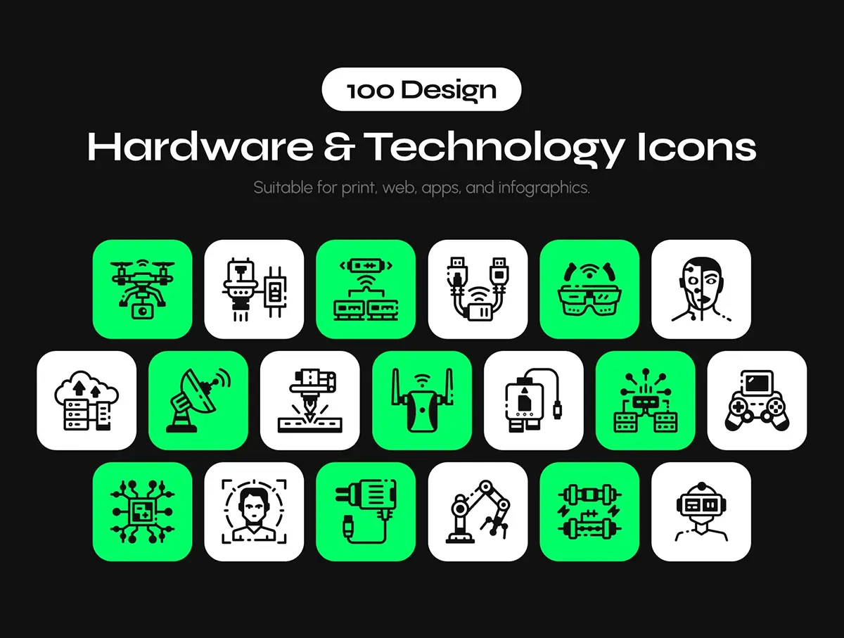100款科技硬件技术计算机网络通信人工智能芯片算法icon图标素材 Hardware and Technology Icon Set