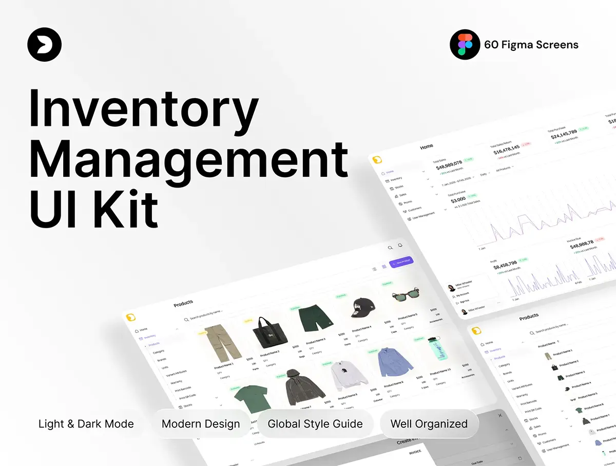 库存管理与客户关系管理与销售仪表盘明暗模式  Inventor Inventory Management UI Kit