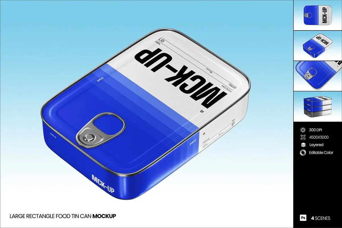 4款大型矩形食品金属易拉罐头模型品牌包装设计贴图ps样机素材模板 Large Rectangle Food Tin Can Mockup