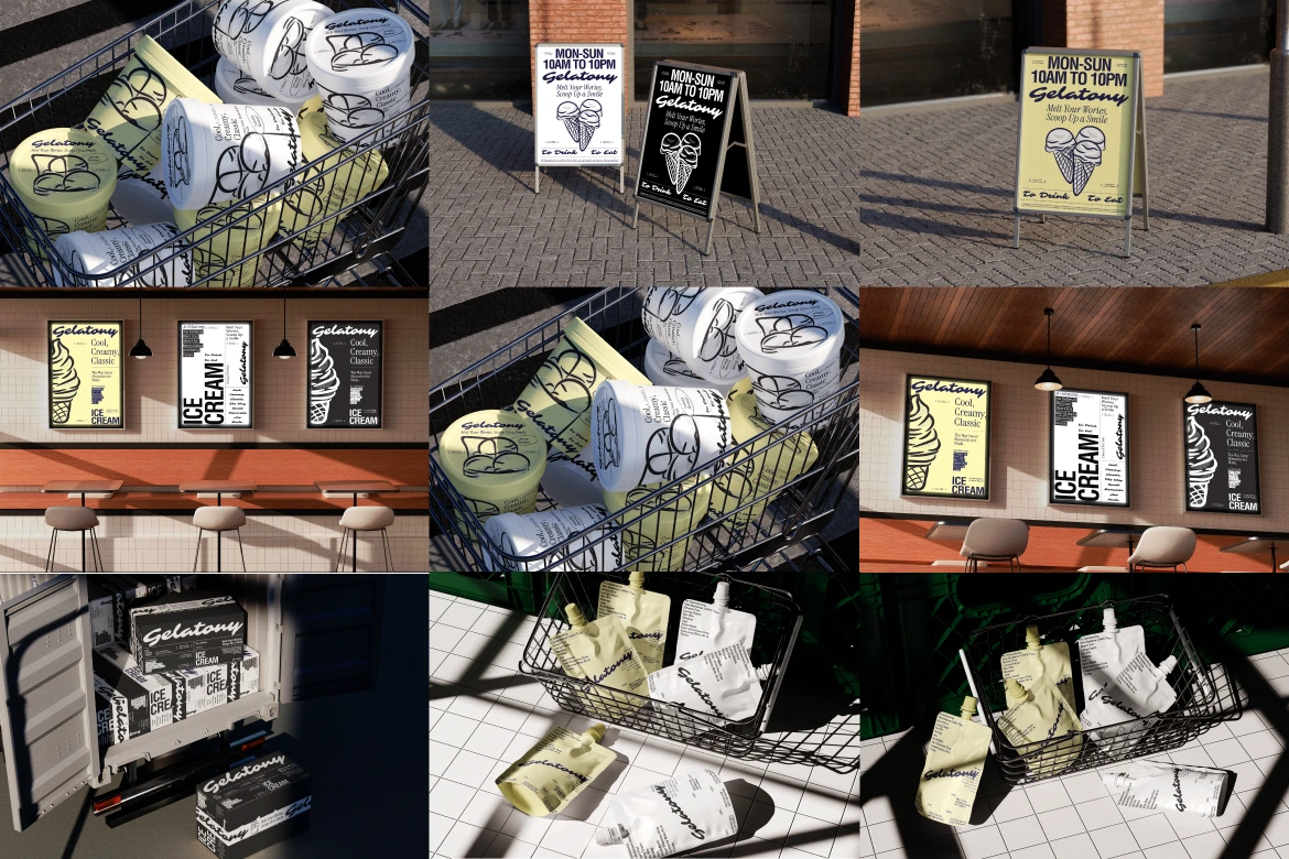 8款甜品冰淇淋冷饮广告牌包装品牌VI应用设计展示效果图ps样机 Gelato Ice Cream Packaging Mockup