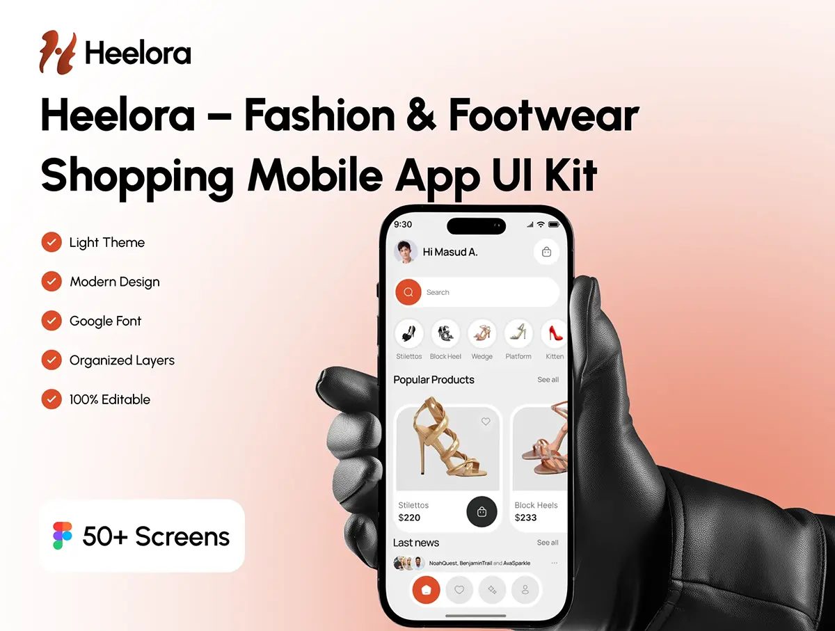 50+屏现代时尚鞋类服装在线购买电商商城移动app应用程序ui界面设计figma模板 Heelora – Fashion Ecommerce & Footwear Shopping App UI Kit