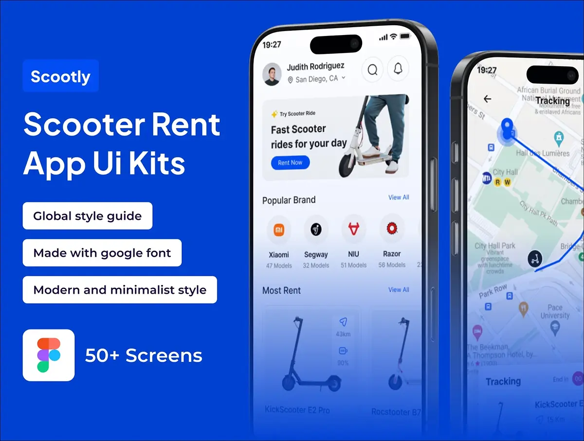 电动滑板车租赁高级 UI 套件应用程序 Scootly – Scooter Rent Premium UI KIts App