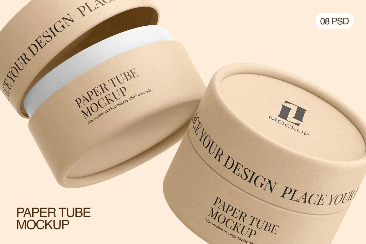 8款天地盖牛皮纸圆形纸筒收纳盒包装设计作品展示效果图ps样机 Kraft Cylinder Paper Tube Mockup