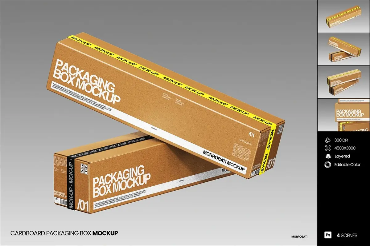 4款长方形牛皮纸快递收纳打包盒瓦楞纸箱包装设计展示效果图ps样机 Cardboard Packaging Box Mockup